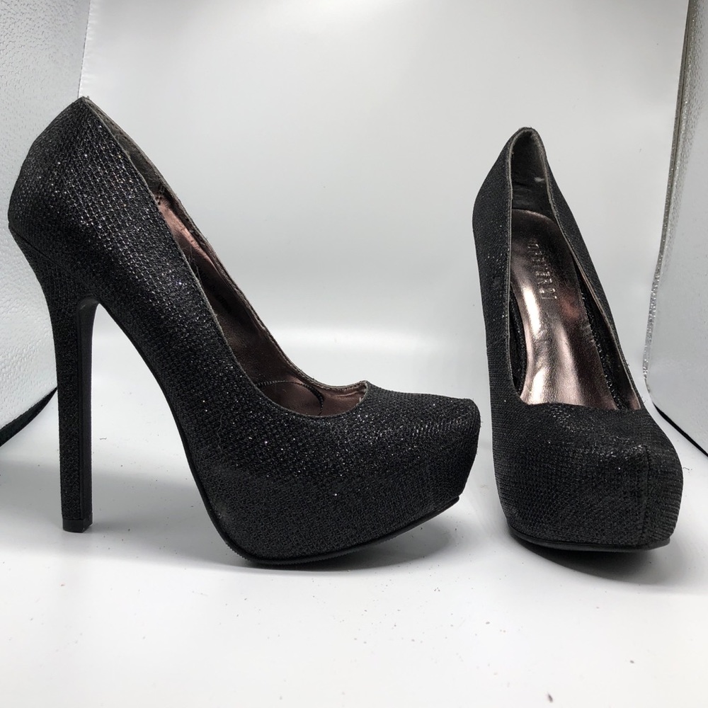 New black glitter heels